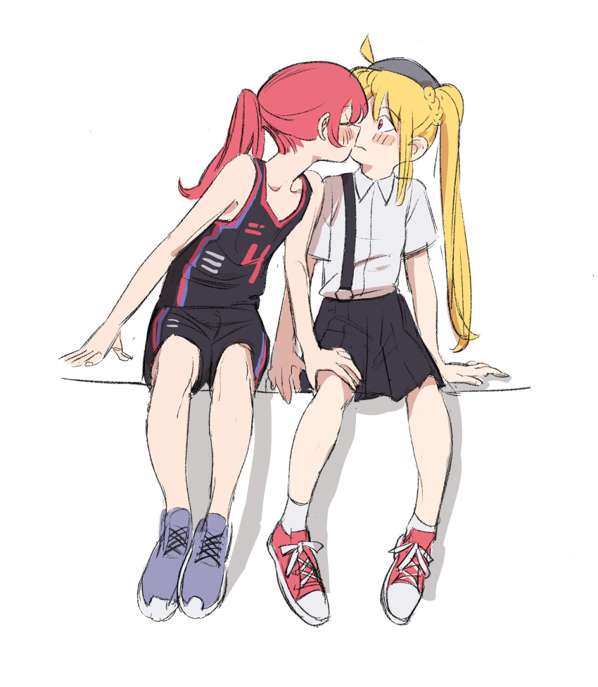 2girls, absurdres, ahoge, alternate_costume, black_shorts, black_skirt, black_tank_top, blonde_hair