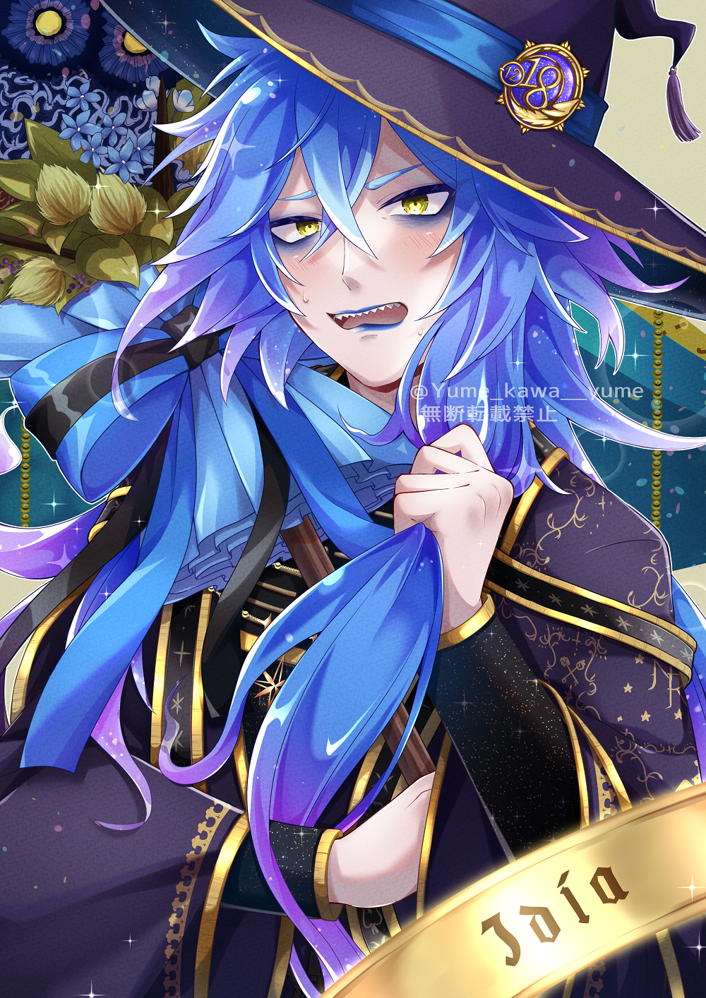 1boy, bishounen, black_headwear, black_robe, blue_bow, blue_eyeshadow, blue_flower, blue_hair
