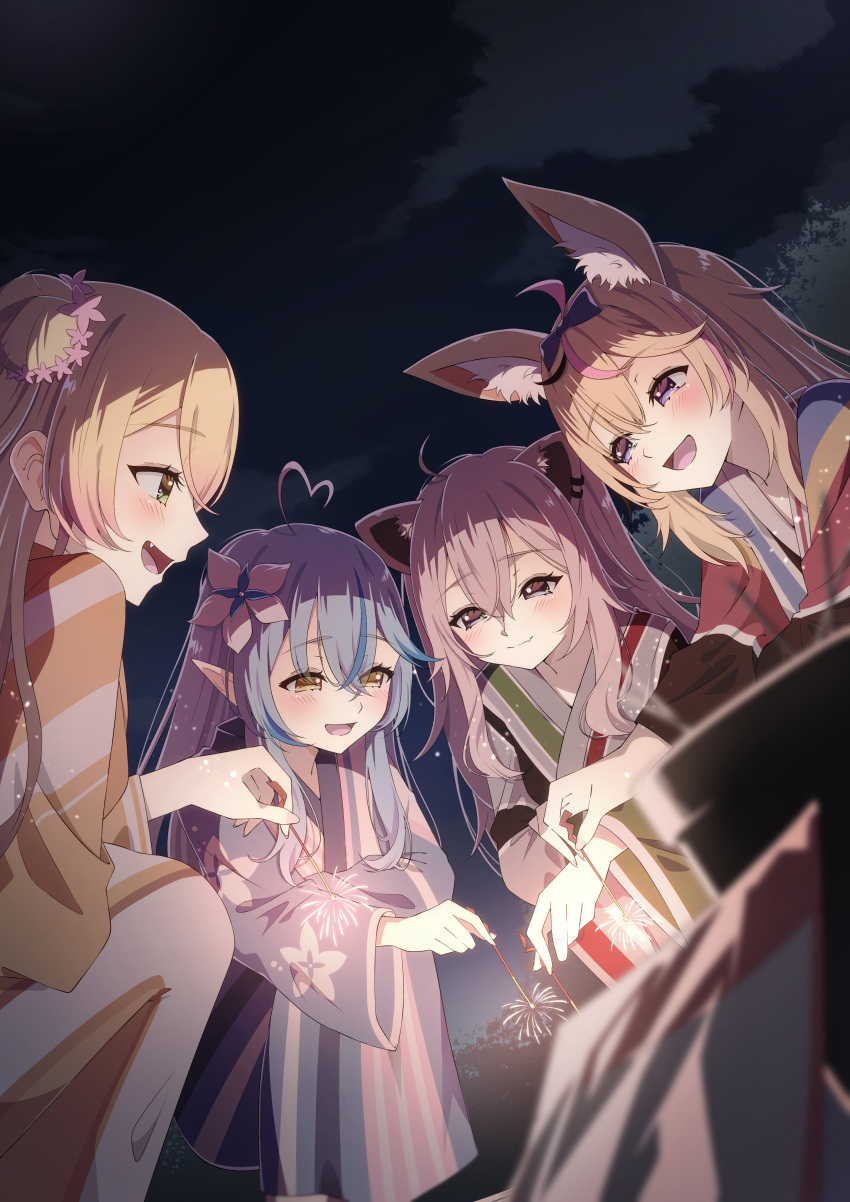 4girls, absurdres, ahoge, akashi_(4kc_27), animal_ears, blonde_hair, blue_hair, blue_kimono