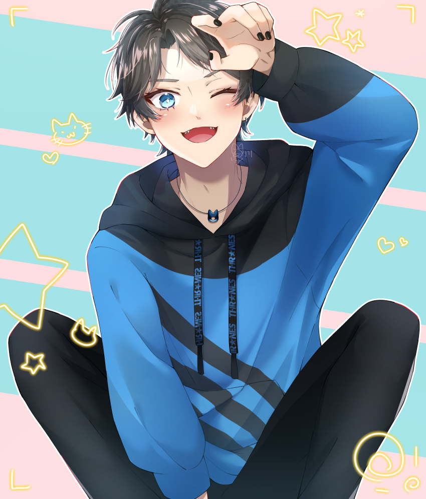 1boy, absurdres, axia_krone, axia_krone_(2nd_costume), between_legs, bishounen, black_hair, black_nails