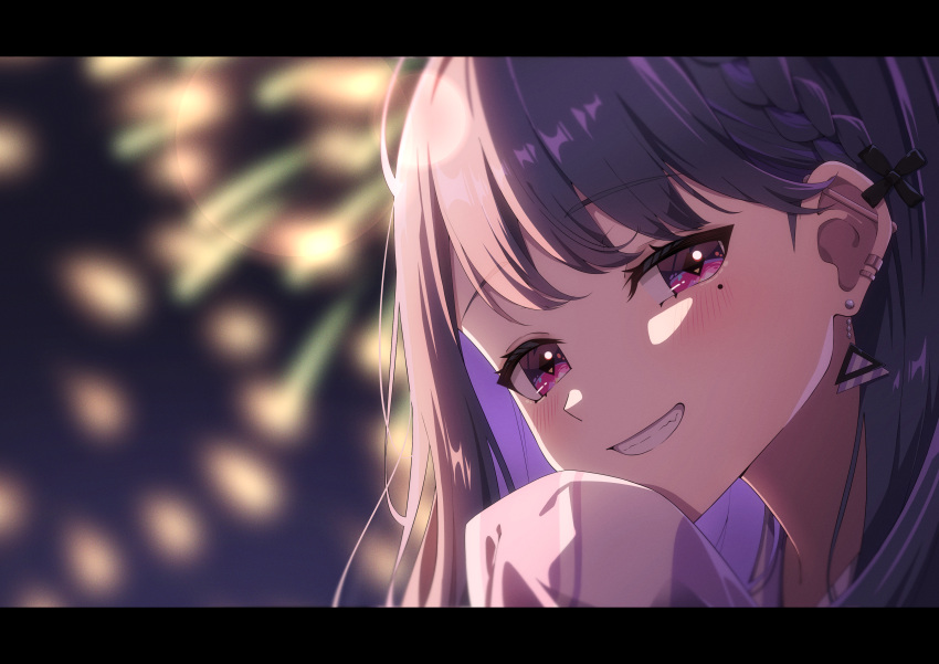 1girl, absurdres, akashi_(4kc_27), barbell_piercing, black_bow, blue_hair, blurry, blurry_background