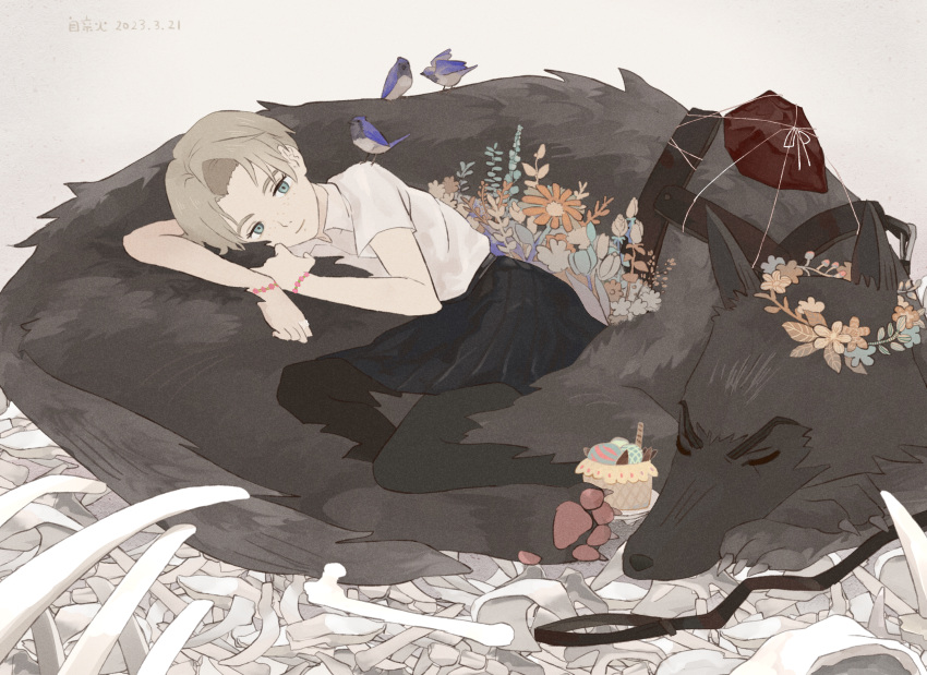 1girl, absurdres, bird, black_pantyhose, black_skirt, blue_eyes, bone, closed_eyes