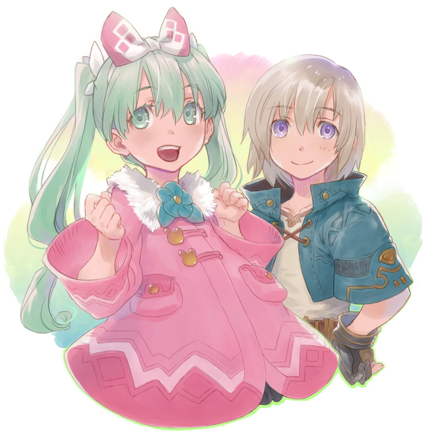 1boy, 1girl, :d, black_gloves, blonde_hair, blue_flower, blue_jacket, blush