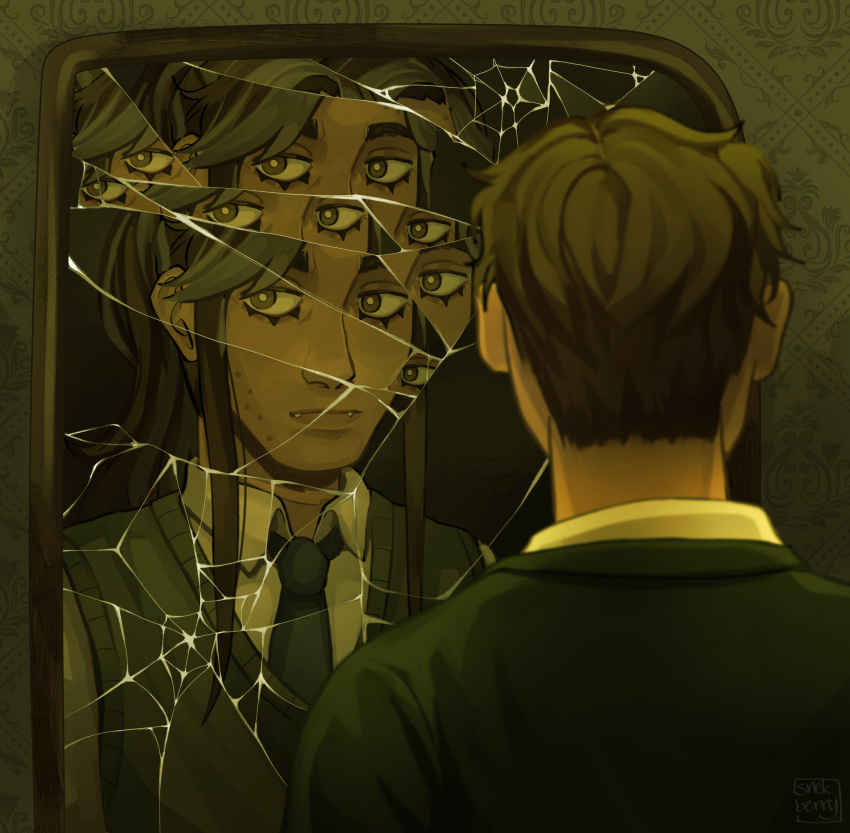 black_necktie, broken_mirror, brown_hair, dark-skinned_male, dark_skin, different_reflection, extra_eyes, fangs, green_sweater_vest, green_theme, highres, indoors, jonathan_sims, mirror, necktie, reflection, snekberry, sweater_vest, the_magnus_archive