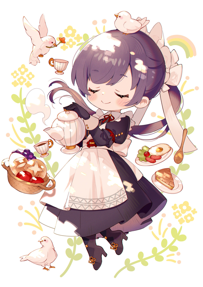 1girl, absurdres, animal_on_head, apple, apron, basket, bird, bird_on_head, black_dress, black_footwear, blush, boots, bread, cherry_tomato, closed_eyes, closed_mouth, collar, commentary_request, countdown_illustration, cup, dress, facing_viewer, flower, food, frederica_(game), fried_egg, fruit, full_body, grapes, hand_up, high_heel_boots, high_heels, highres, holding, holding_teapot, long_hair, long_sleeves, maid, maid_apron, maid_headdress, neck_ribbon, official_art, on_head, pie, pie_slice, pigeon, plate, ponytail, pouring, puffy_sleeves, red_ribbon, ribbon, rogue_(frederica), sausage, second-party_source, smile, solo, spoon, teacup, teapot, tomato, uekura_eku, white_apron, white_collar