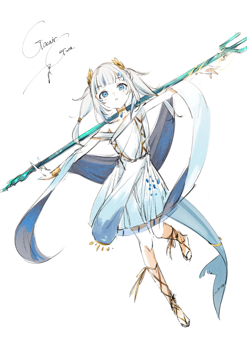 1girl, absurdres, blue_eyes, blue_hair, dress, fins, fish_tail, full_body