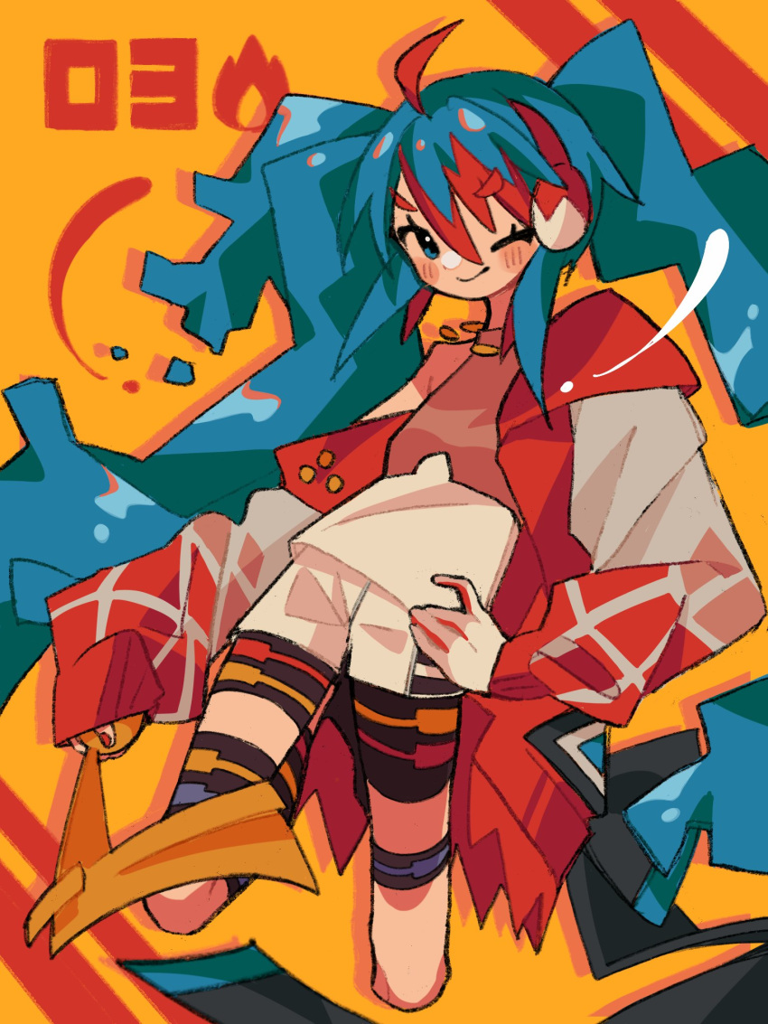 1girl, aqua_hair, blue_eyes, blush, commentary, edge_0605, fire_miku_(project_voltage), hand_on_own_hip