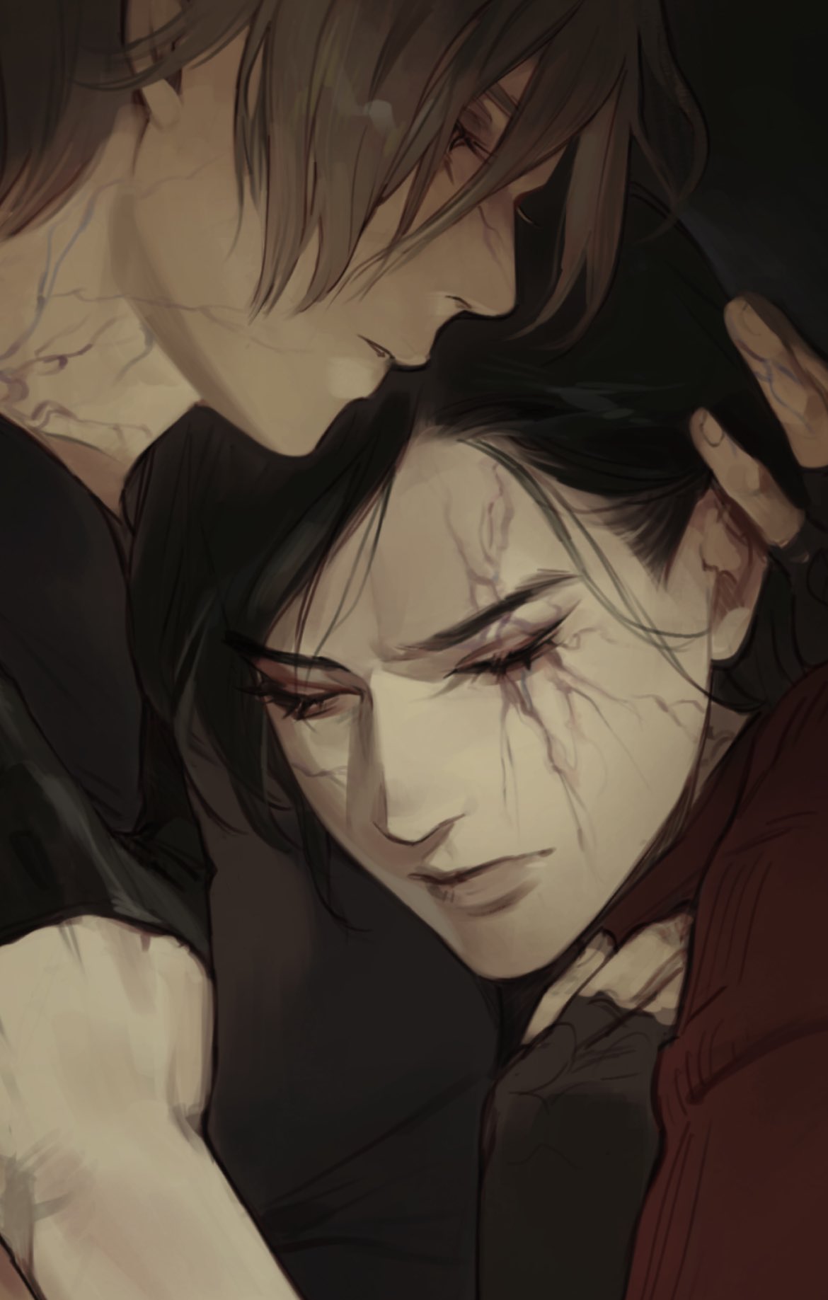 1boy, 1girl, ada_wong, black_hair, brown_hair, chinese_commentary, closed_eyes, hand_in_another's_hair, hetero, highres, las_plagas, leon_s._kennedy, lips, looking_down, muscular, muscular_male, resident_evil, resident_evil_4, resident_evil_4_(remake), short_hair, silverlilii, veins