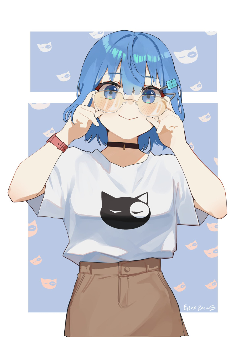 1girl, adjusting_eyewear, animal_print, artist_name, black_choker, blue_eyes, blue_hair, brown_skirt, choker, closed_mouth, glasses, hair_between_eyes, hair_ornament, hairclip, highres, looking_at_viewer, mads_ez, original, shirt, short_hair, short_sleeves, skirt, smile, solo, upper_body, watch, watch, white_shirt