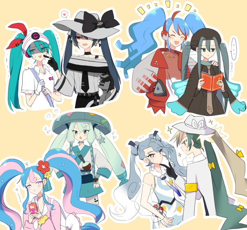..., 6+girls, :d, absurdres, ahoge, black_choker, blue_hair, blush