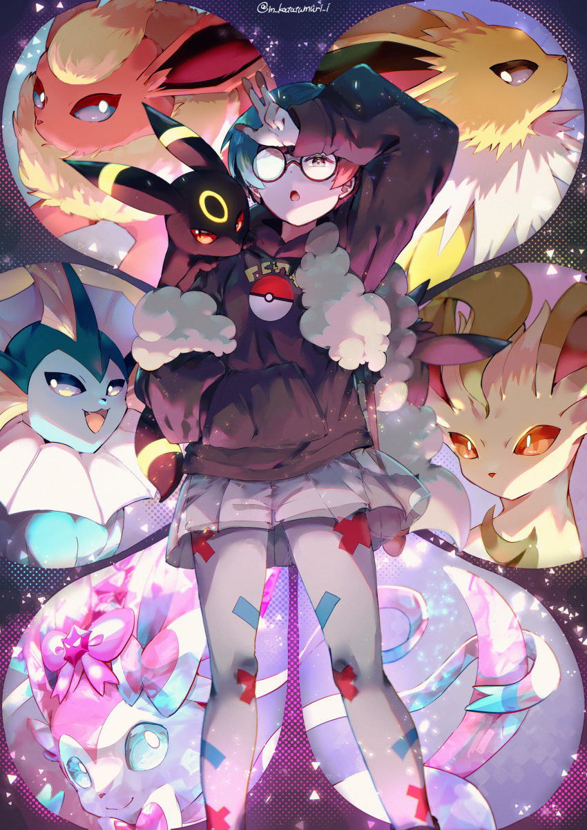 1girl, :o, absurdres, commentary_request, flareon, glasses, green_hair, grey_eyes