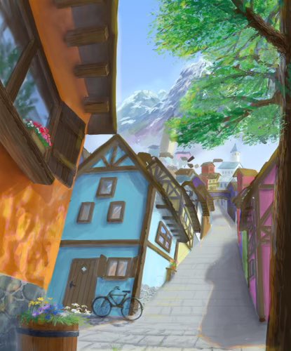bicycle, blue_sky, building, day, door, hkwryyy_pepe, house, lowres