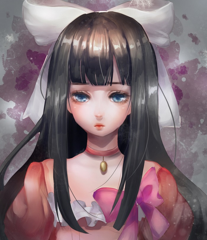 1girl, black_hair, blue_eyes, blunt_bangs, bow, choker, hair_bow, joan82610