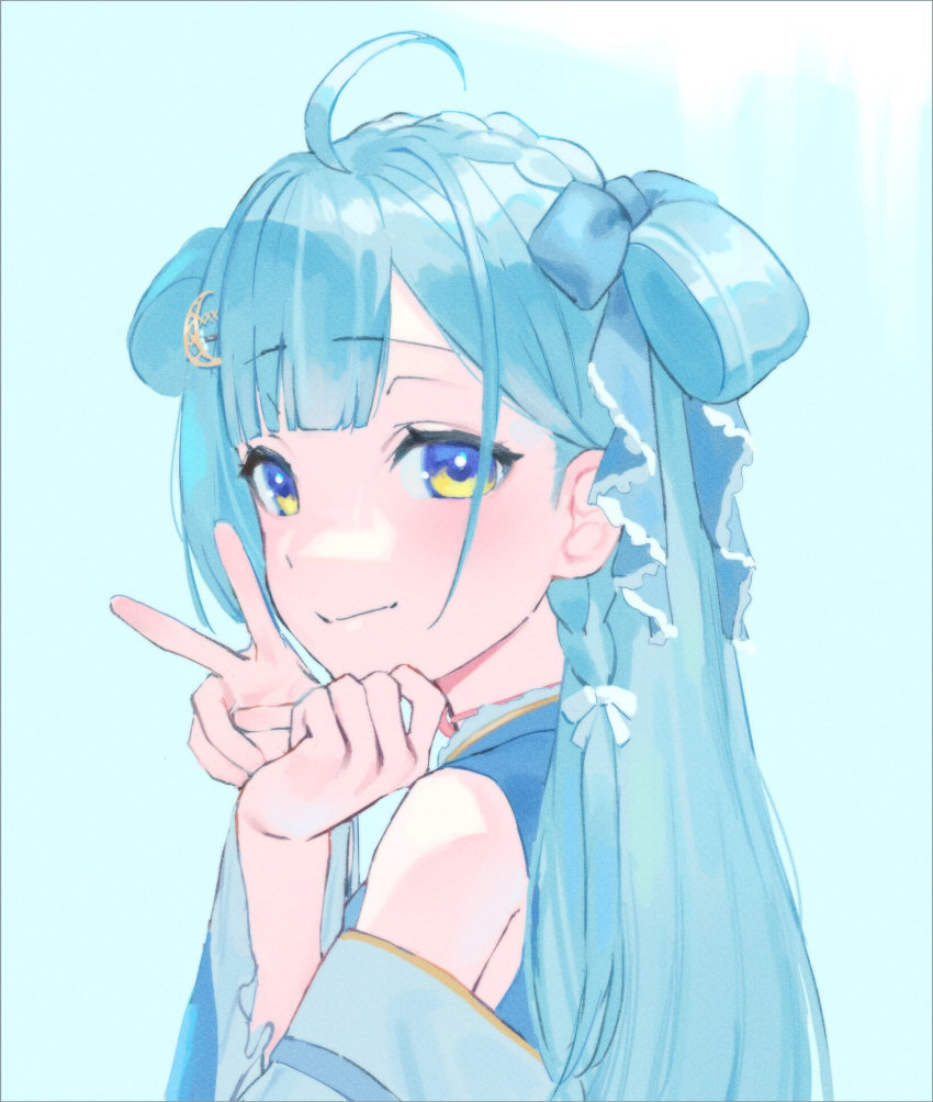 1girl, ahoge, amaui, blue_background, blue_bow, blue_hair, blue_kimono, blunt_bangs