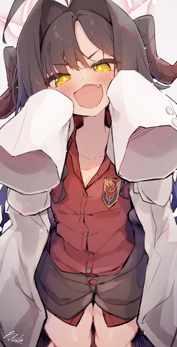 1girl, ahoge, black_hair, black_horns, black_shorts, blue_archive, blush, buttons