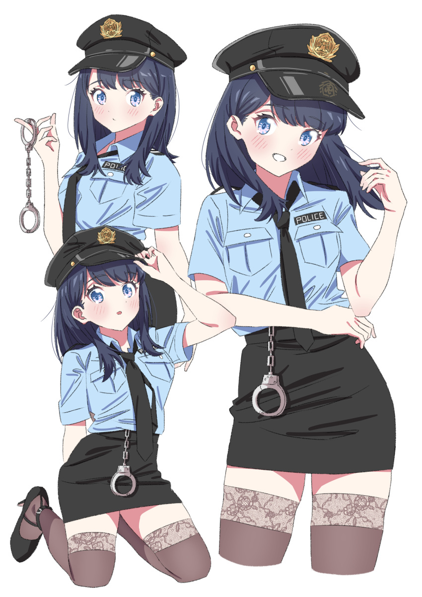 1girl, absurdres, belt, black_hair, blue_eyes, blue_shirt, blush, cuffs