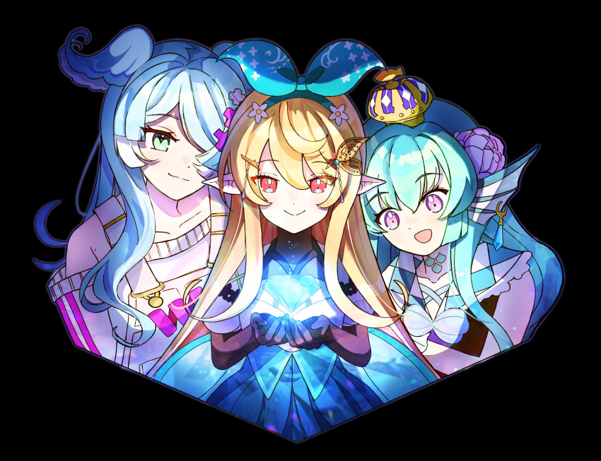 3girls, aqua_eyes, blonde_hair, blue_hair, crown, diamond_(gemstone), elira_pendora, elira_pendora_(1st_costume)