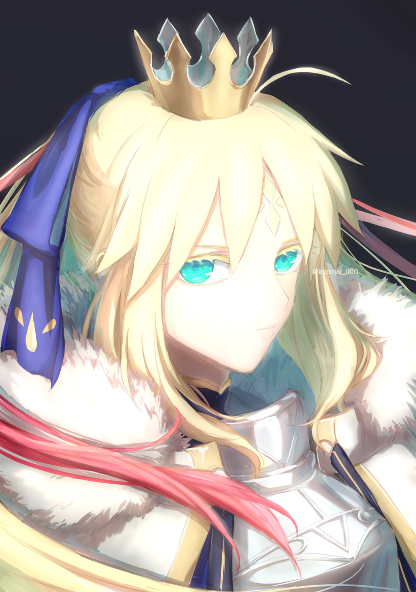 1girl, ahoge, armor, artoria_caster_(fate), artoria_caster_(third_ascension)_(fate), artoria_pendragon_(fate), black_background, black_ribbon