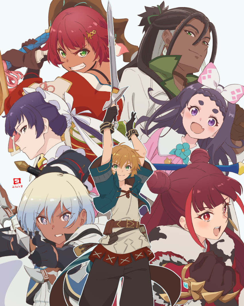 3boys, 4girls, :d, archer_(frederica), arms_up, belt, belt_pouch, black_gloves, black_pants, blonde_hair, blue_flower, blue_jacket, bow, bow_(weapon), braid, braided_bangs, brown_belt, brown_gloves, brown_hair, caster_(frederica), clenched_hand, closed_mouth, collar, commentary_request, cropped_jacket, dark-skinned_female, dark-skinned_male, dark_skin, double_bun, drawing_bow, earrings, everyone, fang, farmer_(frederica), fighter_(frederica), flower, frederica_(game), gloves, green_eyes, grey_eyes, grey_hair, grey_shirt, grin, group_picture, hair_between_eyes, hair_bow, hair_bun, hair_ornament, hairband, half_updo, high_collar, highres, holding, holding_bow_(weapon), holding_sword, holding_weapon, jacket, jewelry, long_hair, looking_at_viewer, low_ponytail, miyahara_takuya, multicolored_hair, multiple_boys, multiple_girls, pants, pouch, profile, purple_hair, red_eyes, redhead, rogue_(frederica), shirt, short_hair, short_sleeves, skin_fang, smile, streaked_hair, sword, teeth, upper_body, upper_teeth_only, v-shaped_eyebrows, violet_eyes, wanderer_(frederica), warrior_(frederica), weapon, white_bow, white_collar, white_hairband