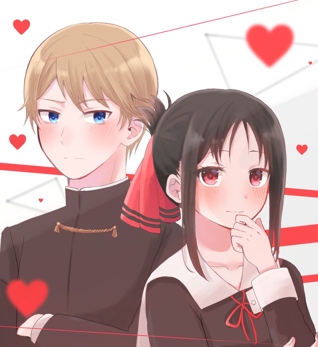 1boy, 1girl, black_dress, black_hair, black_ribbon, blonde_hair, blue_eyes, blush