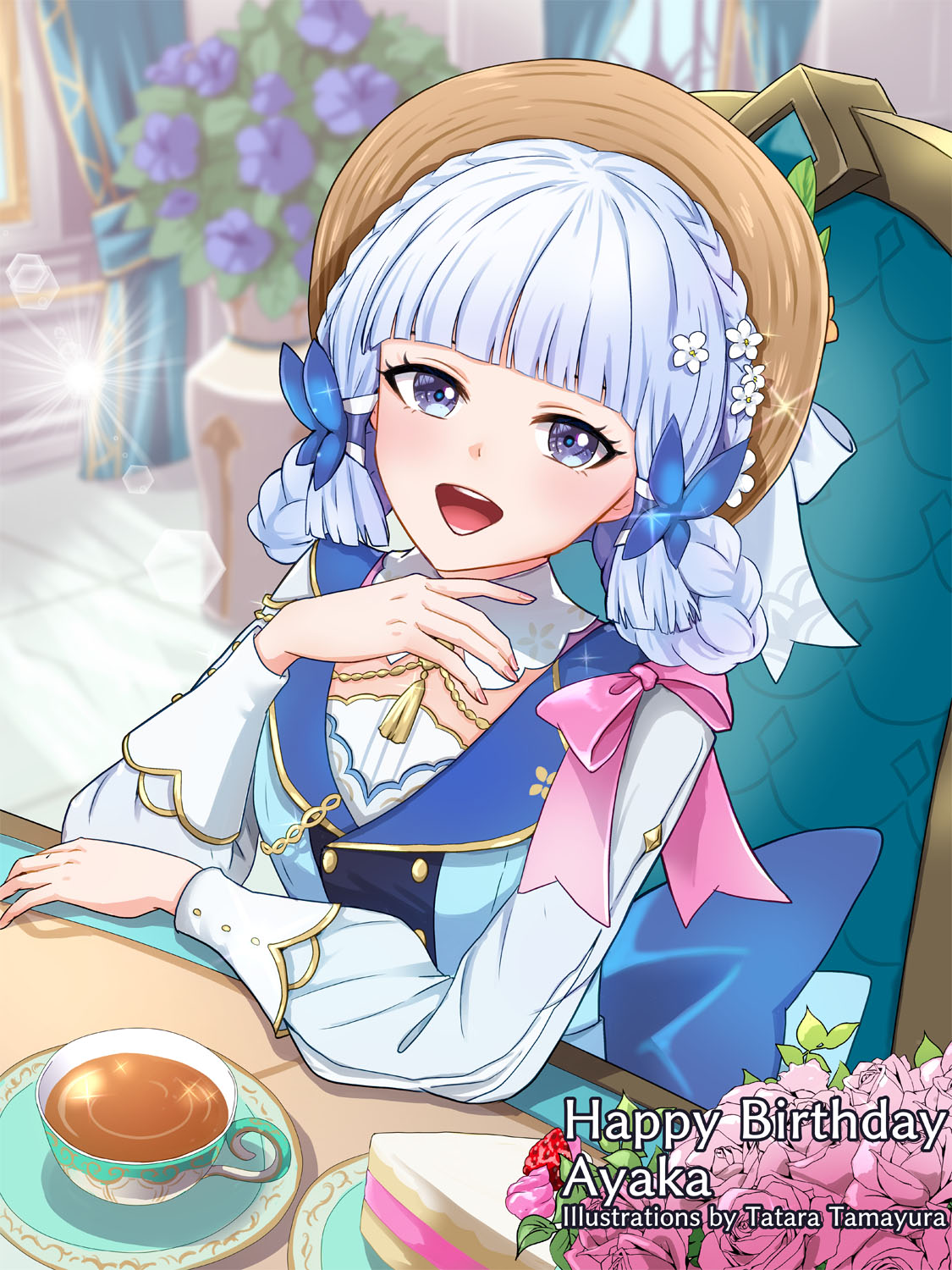1girl, artist_name, blue_dress, blue_eyes, blue_hair, blunt_bangs, braid, brown_headwear