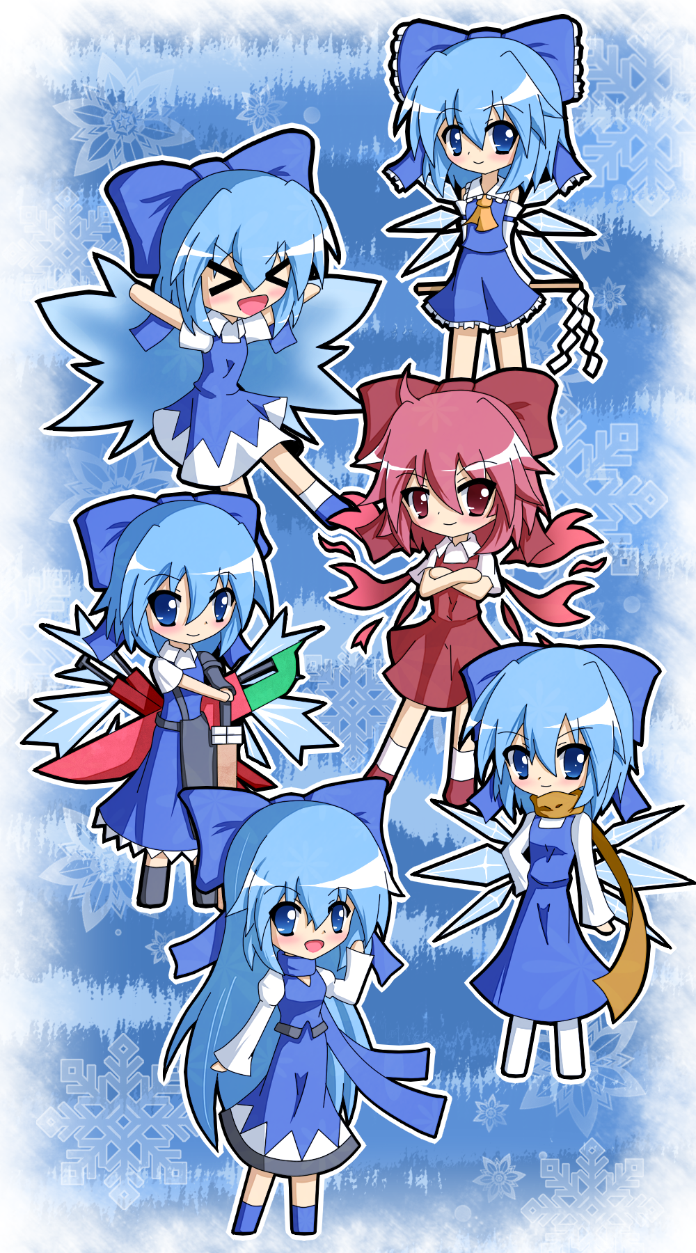 >_<, achi_cirno, advent_cirno, alternate_color, alternate_element, alternate_hairstyle, blue_eyes, blue_hair