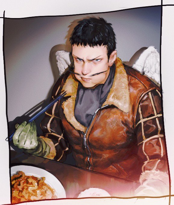 1boy, black_hair, brown_jacket, chopsticks, closed_mouth, eating, food, gloves