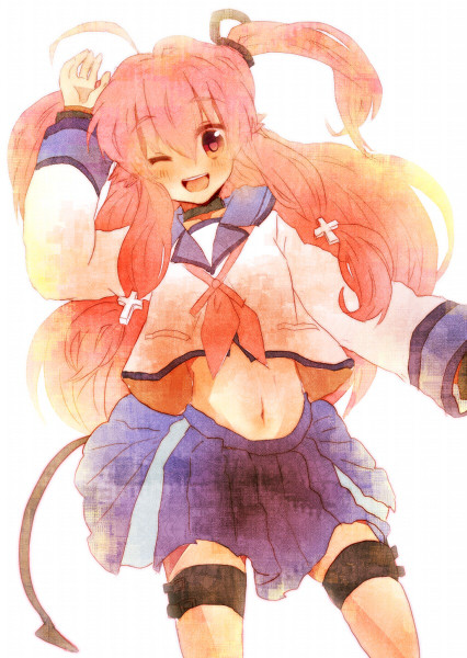 kanji_(bekoji), long_hair, pink_hair, school_uniform, serafuku, tail, very_long_hair, wink, yui_(angel_beats!)