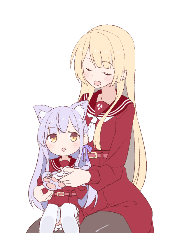 2girls, aged_down, animal_ear_fluff, animal_ears, animal_hands, assault_lily, belt, belt_buckle, blonde_hair, blunt_bangs, blush, brown_pantyhose, brown_sailor_collar, buckle, cat_ears, cat_girl, cat_paws, chestnut_mouth, clipping_another's_nails, closed_eyes, commentary, cowboy_shot, grey_hair, gumoyu, hair_ribbon, hand_on_another's_arm, hands_up, high-waist_skirt, holding, holding_another's_arm, kanba_girls_high_school_uniform, kemonomimi_mode, kon_kanaho, long_hair, long_sleeves, looking_at_viewer, miniskirt, miyagawa_takane, multiple_girls, necktie, open_mouth, pantyhose, pet_nail_clippers, purple_ribbon, red_belt, red_skirt, ribbon, sailor_collar, school_uniform, serafuku, short_necktie, sidelocks, simple_background, sitting, sitting_on_lap, sitting_on_person, skirt, smile, thigh-highs, very_long_hair, white_background, white_necktie, white_thighhighs, yellow_eyes