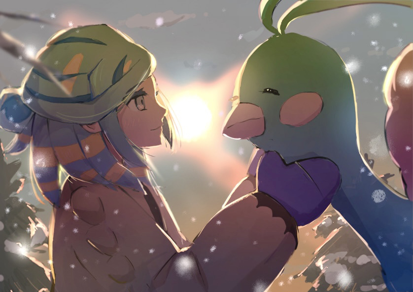 1boy, altaria, anzu_(v0_0v_o0), blue_mittens, closed_mouth, clouds, commentary_request, eyelashes