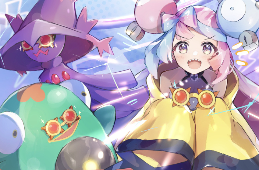 1girl, :d, anzu_(v0_0v_o0), bellibolt, blue_hair, blush, bow-shaped_hair, choice_specs