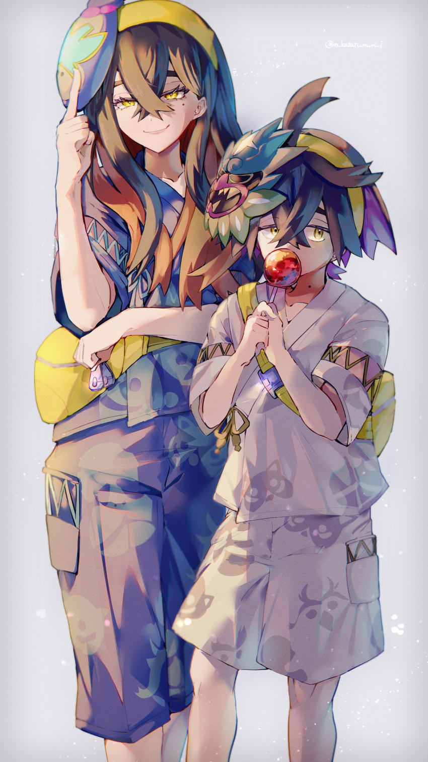 1boy, 1girl, absurdres, ahoge, backpack, bag, blue_shirt, blue_shorts