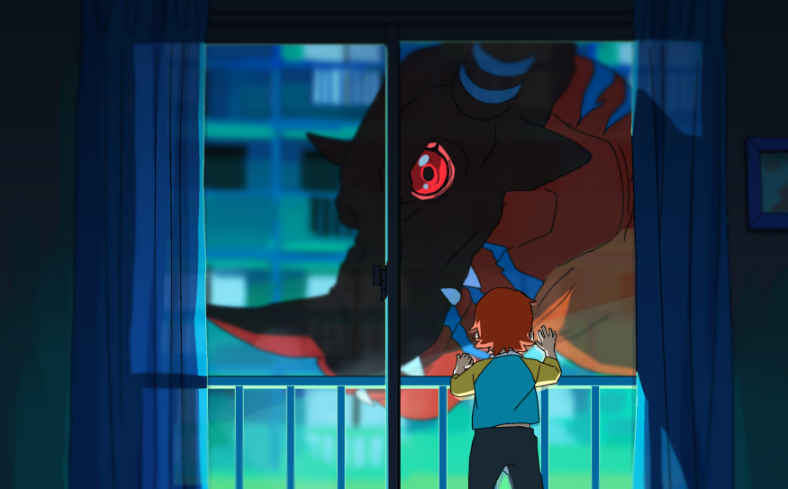 1girl, child, city, curtains, digimon, digimon_(creature), digimon_adventure, digimon_adventure_(1999_film)