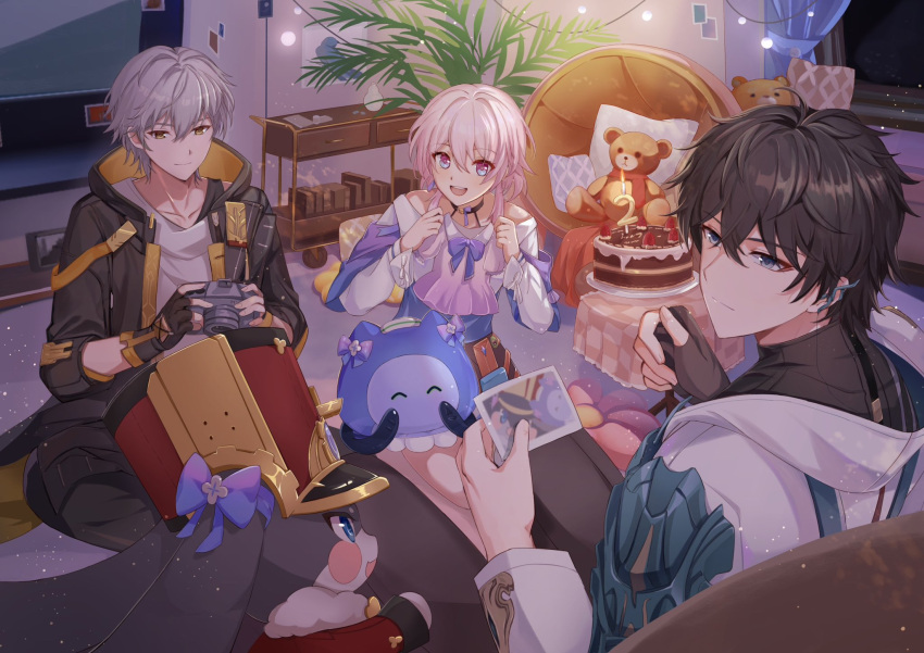 1girl, 1other, 2boys, black_gloves, black_hair, black_hood, black_jacket, black_pants, black_shirt, blue_eyes, bow, bowtie, caelus_(honkai:_star_rail), cake, camera, celtreny, closed_mouth, dan_heng_(honkai:_star_rail), earrings, fingerless_gloves, food, gloves, grey_hair, highres, holding, holding_camera, honkai:_star_rail, honkai_(series), hood, hood_down, hooded_jacket, hoyolab, jacket, jewelry, long_hair, long_sleeves, march_7th_(honkai:_star_rail), mimo_(mihoyo), multicolored_eyes, multiple_boys, multiple_girls, open_mouth, pants, pink_hair, pom-pom_(honkai:_star_rail), shirt, short_hair, single_glove, smile, stuffed_animal, stuffed_toy, teddy_bear, trailblazer_(honkai:_star_rail), white_hood, white_shirt, yellow_eyes