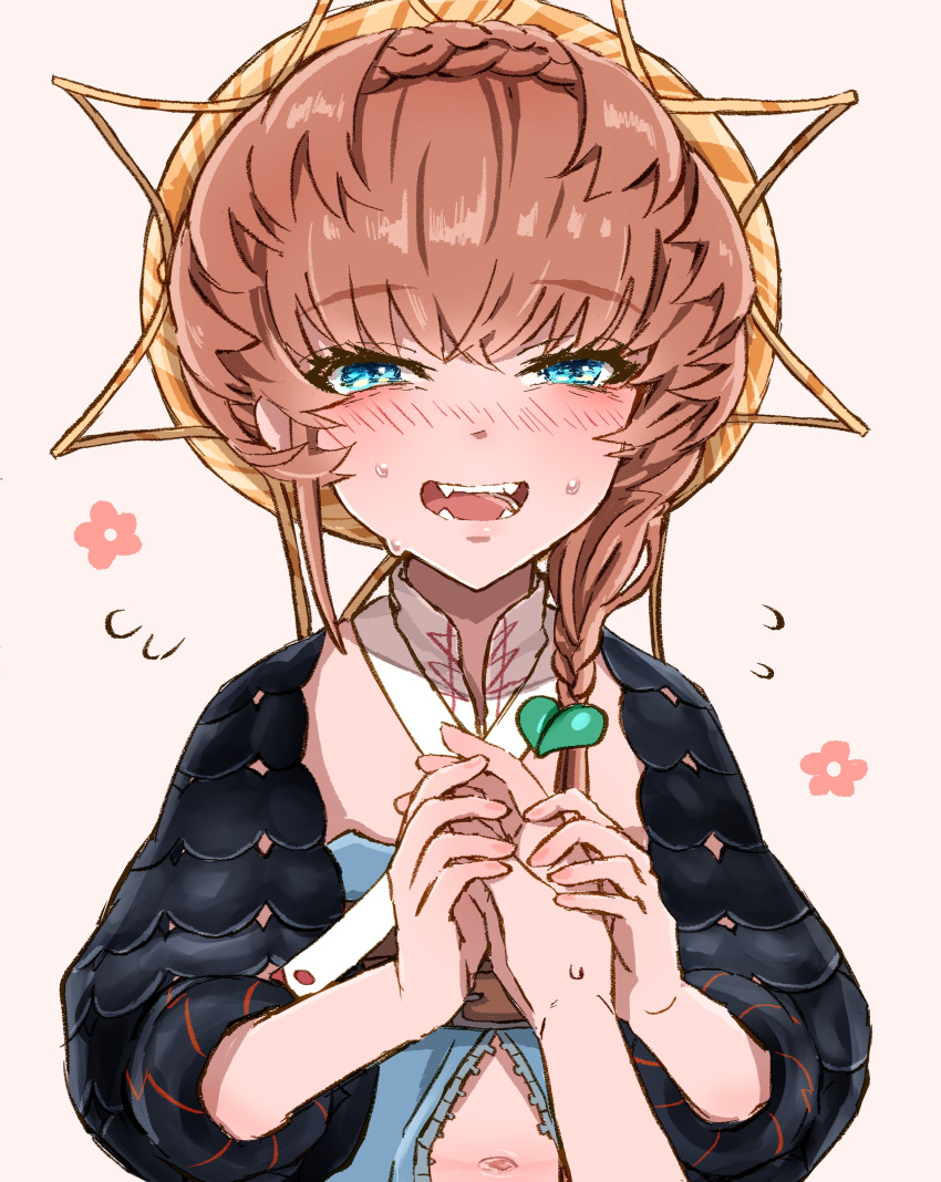 1girl, 1other, absurdres, belt, black_sleeves, blue_eyes, blue_overalls, blush