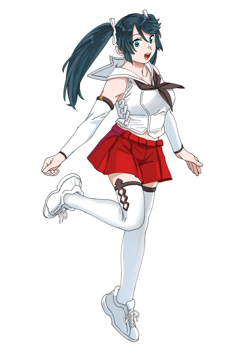 1girl, black_neckerchief, blue_eyes, blue_hair, dark_blue_hair, detached_sleeves, full_body, highres