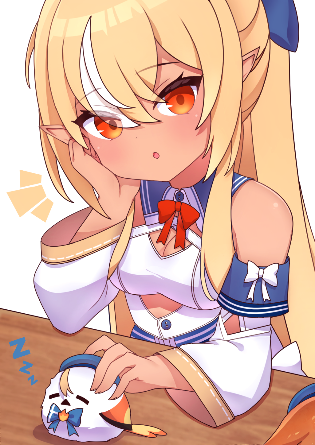 1girl, bare_shoulders, bird, blonde_hair, bow, collar, cross_(vgne4542), dark-skinned_female