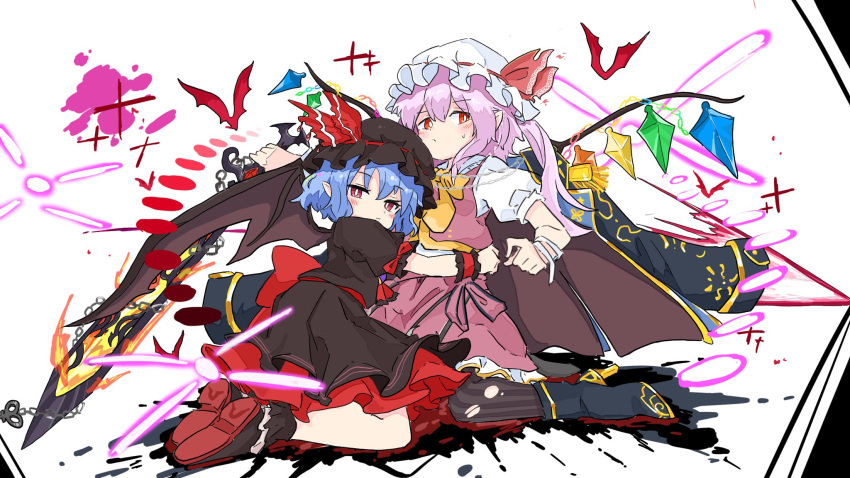 2girls, bat_wings, black_coat, black_footwear, black_headwear, black_shirt, blue_hair, blush, bright_pupils, closed_mouth, coat, commentary, crystal, flandre_scarlet, flandre_scarlet_(vampire_pursuing_the_hunter), full_body, hat, hat_ribbon, highres, holding, holding_sword, holding_weapon, hug, kneeling, looking_at_viewer, multiple_girls, purple_hair, red_eyes, red_ribbon, red_skirt, red_vest, remilia_scarlet, remilia_scarlet_(tiny_devil_mistress), ribbon, shirt, short_sleeves, siblings, simple_background, sisters, skirt, sweatdrop, sword, tatutaniyuuto, touhou, touhou_lost_word, vest, weapon, white_background, white_headwear, white_pupils, wings, wrist_cuffs
