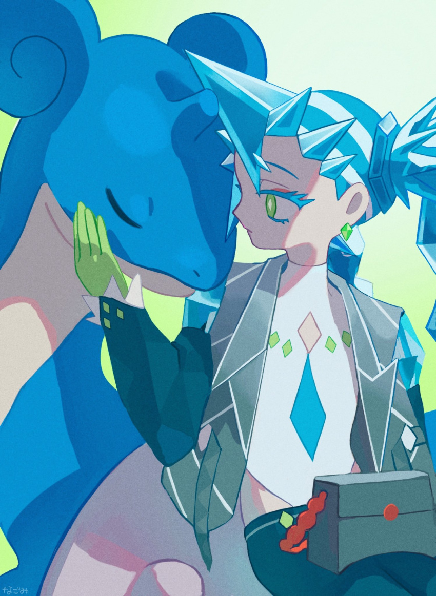 1girl, artist_name, bag, black_pants, blue_hair, closed_eyes, closed_mouth, colored_eyelashes