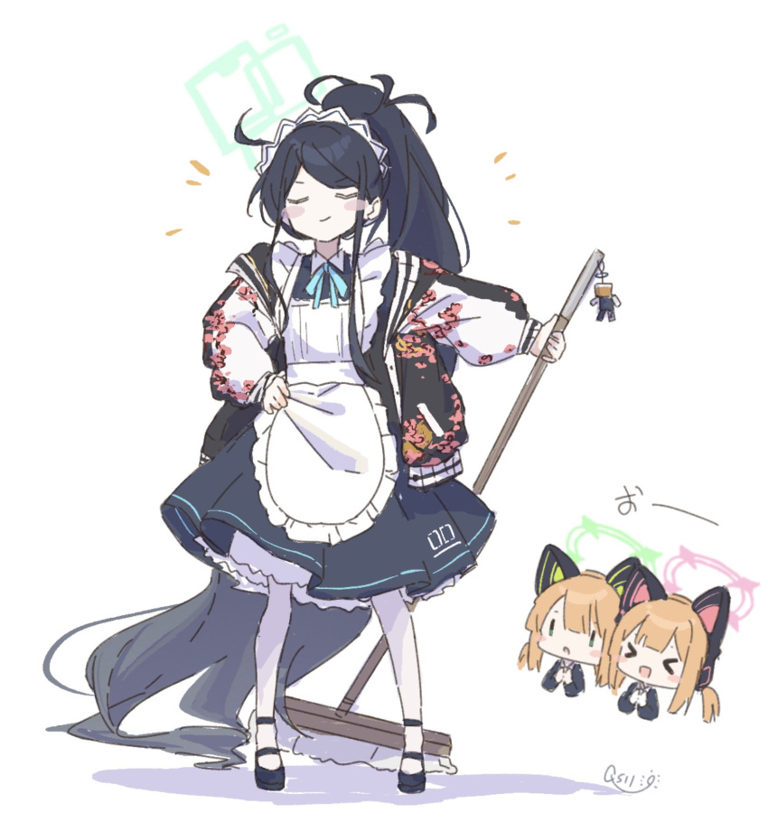 >_<, <key>_(robot)_(blue_archive), 3girls, apron, aris_(blue_archive), aris_(maid)_(blue_archive), artist_name, black_dress