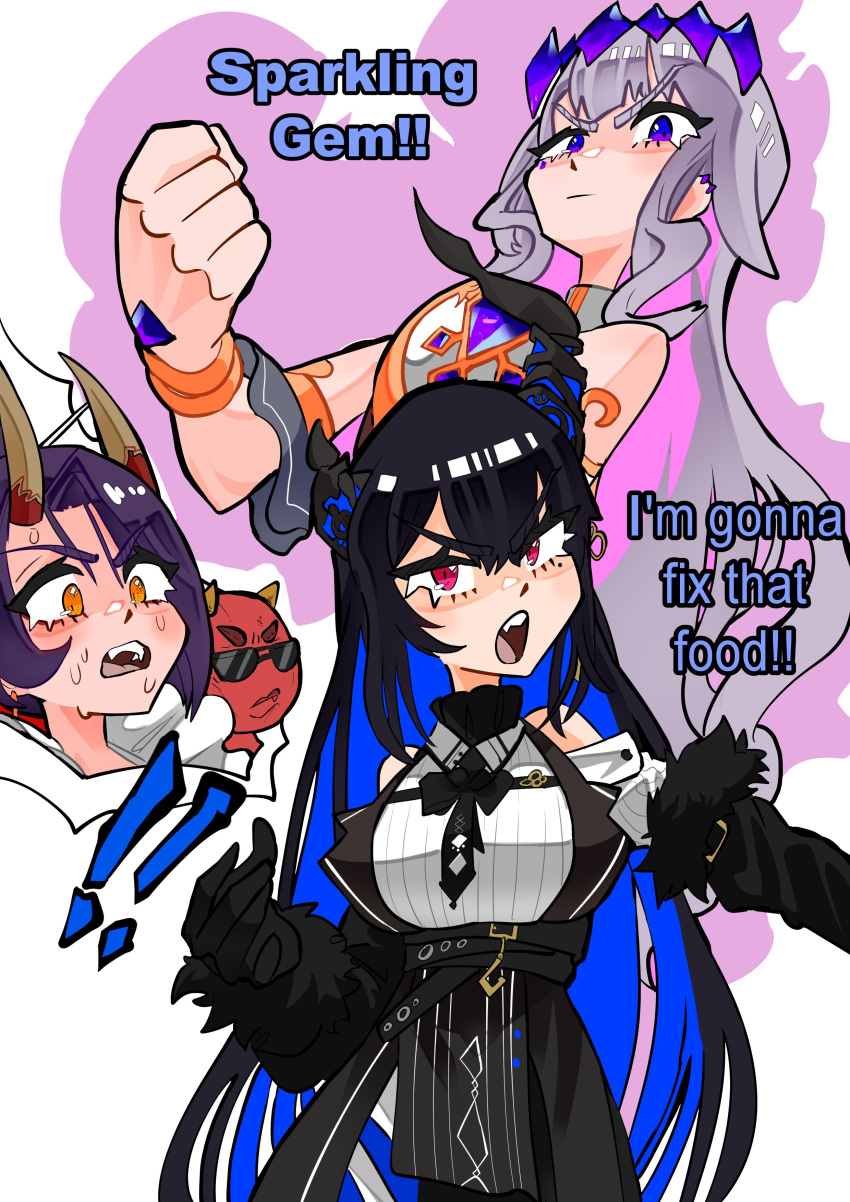 absurdres, asymmetrical_horns, black_hair, blue_hair, chest_jewel, colored_inner_hair, crystal, demon_horns