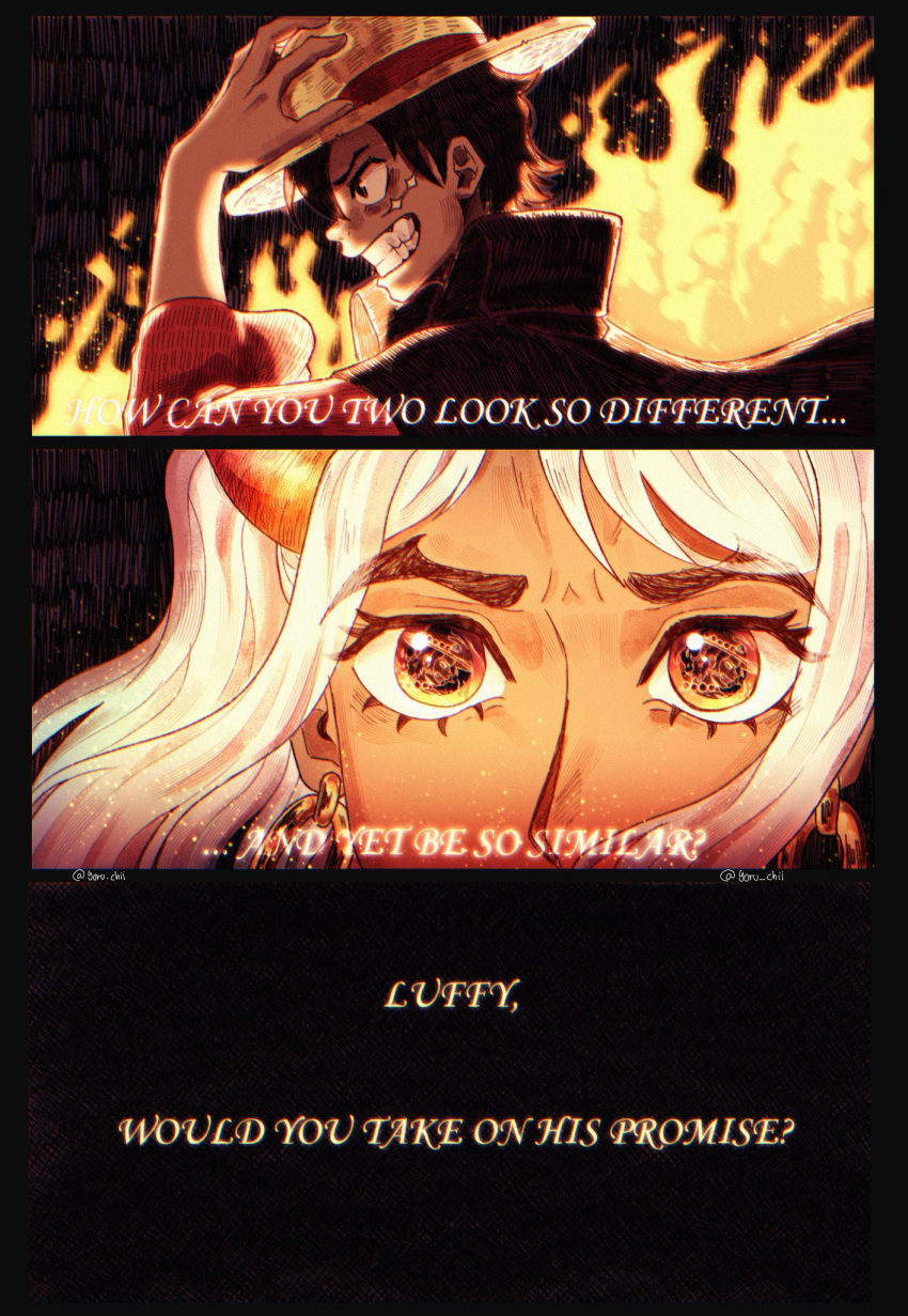 1boy, 1girl, artist_name, black_cape, black_hair, cape, character_name, earrings