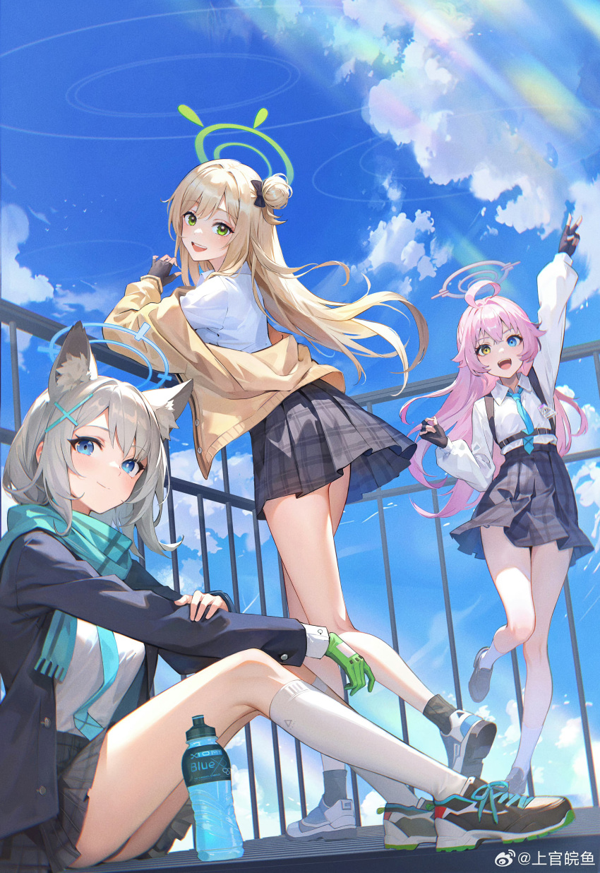 3girls, absurdres, ahoge, animal_ear_fluff, animal_ears, arm_up, black_gloves, black_skirt, blue_archive, blue_eyes, blue_halo, blue_jacket, blue_scarf, blush, bottle, cardigan, chunhwei_lee, closed_mouth, clouds, collared_shirt, cross_hair_ornament, day, extra_ears, fingerless_gloves, gloves, green_eyes, green_halo, grey_hair, hair_ornament, halo, heterochromia, highres, hoshino_(blue_archive), jacket, light_brown_hair, long_hair, medium_hair, mismatched_pupils, multiple_girls, nonomi_(blue_archive), open_clothes, open_jacket, open_mouth, pink_hair, pink_halo, plaid, scarf, shiroko_(blue_archive), shirt, shoes, skirt, sky, smile, sneakers, socks, v, white_shirt, white_socks, wolf_ears, yellow_cardigan, yellow_eyes
