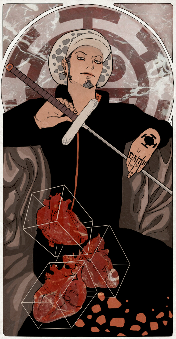 1boy, aivelin, art_nouveau, black_hair, closed_mouth, earrings, english_commentary, facial_hair, finger_tattoo, fur_hat, goatee, hand_tattoo, hat, heart_(organ), holding, holding_sword, holding_weapon, jewelry, katana, long_sleeves, looking_at_viewer, male_focus, one_piece, short_hair, solo, sword, tattoo, trafalgar_law, weapon