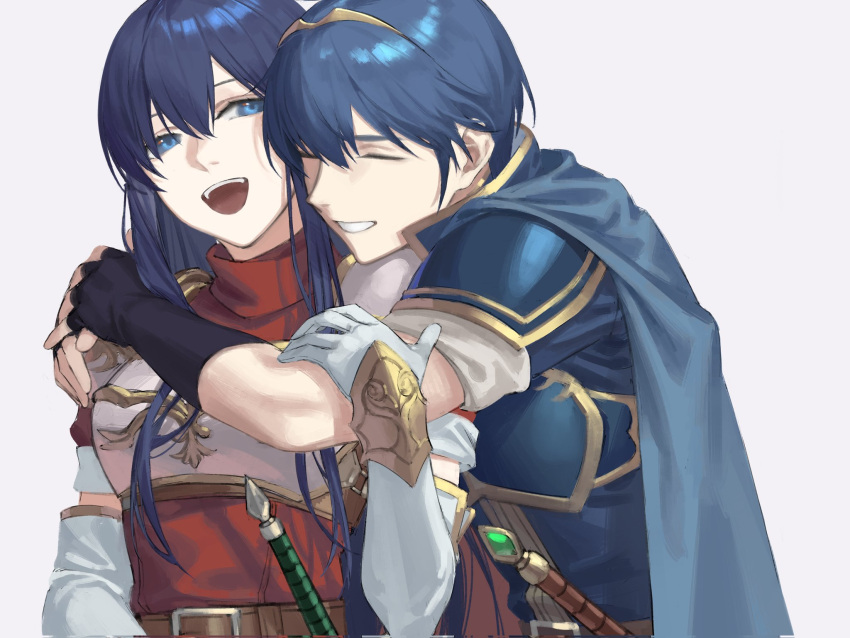 1boy, 1girl, armor, black_gloves, blue_cape, blue_eyes, breastplate, caeda_(fire_emblem)