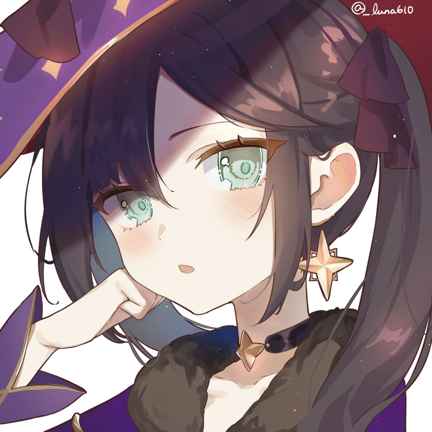 1girl, aqua_eyes, black_bow, black_choker, blush, bow, cape, chestnut_mouth