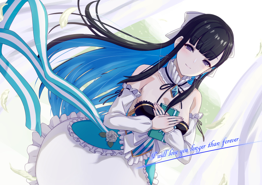 1girl, absurdres, bare_shoulders, black_hair, blue_hair, closed_mouth, collar, colored_inner_hair, detached_collar, detached_sleeves, dress, english_text, frilled_dress, frills, gift, hair_ribbon, highres, holding, holding_gift, long_sleeves, looking_at_viewer, multicolored_hair, punishing:_gray_raven, ribbon, selena_(punishing:_gray_raven), sidelocks, solo, valentine, violet_eyes, white_collar, white_day, white_dress, white_ribbon, yagikan_(caru2338)
