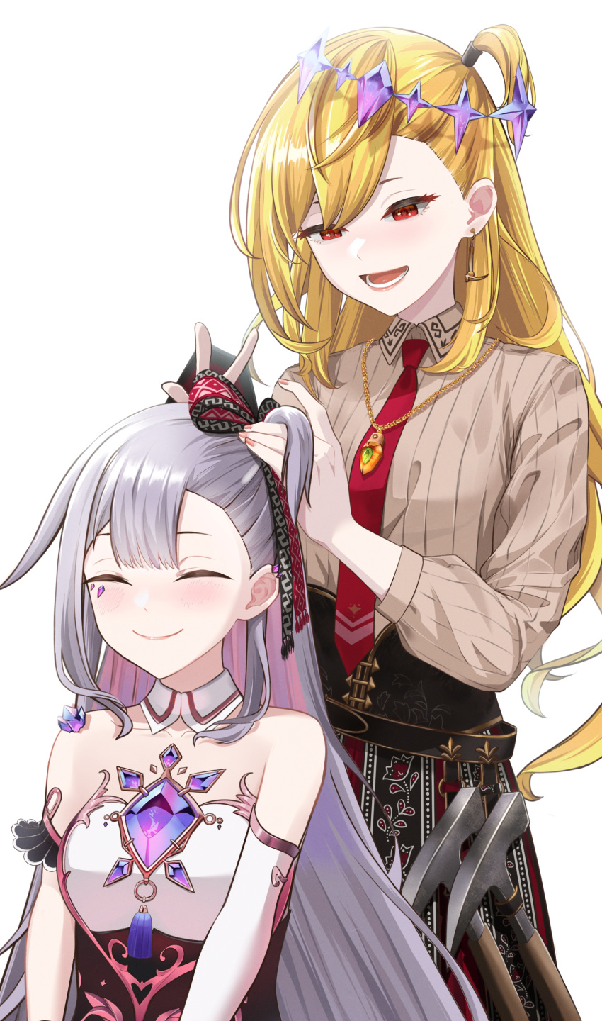 2girls, absurdres, adjusting_another's_hair, alternate_hairstyle, asymmetrical_bangs, belt, black_belt, black_skirt, blonde_hair, blush, breasts, brown_shirt, chest_jewel, closed_eyes, closed_mouth, collared_shirt, colored_inner_hair, commentary, cowboy_shot, dangle_earrings, detached_collar, dress, dress_shirt, earrings, elbow_gloves, english_commentary, framed_breasts, gloves, grey_hair, hair_ribbon, highres, hololive, hololive_english, hololive_indonesia, jewel_under_eye, jewelry, kaela_kovalskia, kaela_kovalskia_(3rd_costume), kiwinian, koseki_bijou, long_hair, multicolored_hair, multiple_girls, nail_polish, necklace, necktie, official_alternate_costume, open_mouth, pickaxe, pink_hair, red_eyes, red_nails, red_necktie, ribbed_shirt, ribbon, shirt, side_ponytail, sidelocks, simple_background, single_elbow_glove, single_glove, sitting, skirt, small_breasts, smile, standing, straight_hair, tassel, two-tone_hair, upper_body, virtual_youtuber, white_background, white_dress, white_gloves, wing_collar