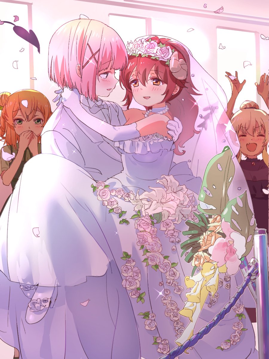 4girls, blonde_hair, blue_eyes, bow, bowtie, bridal_gauntlets, bridal_veil, brown_eyes, carrying, chiyoda_momo, closed_eyes, couple, demon_girl, demon_horns, demon_tail, dress, eye_contact, fang, flower, green_eyes, hair_bun, hair_flower, hair_ornament, hands_over_own_mouth, happy, highres, hinatsuki_mikan, horns, indoors, jewelry, kyarahiba, light_blush, lilith_(machikado_mazoku), looking_at_another, machikado_mazoku, multiple_girls, necklace, open_mouth, orange_hair, pearl_necklace, petals, pink_hair, princess_carry, redhead, shoes, smile, suit, tail, tears, veil, wedding_dress, wife_and_wife, x_hair_ornament, yoshida_yuuko_(machikado_mazoku), yuri