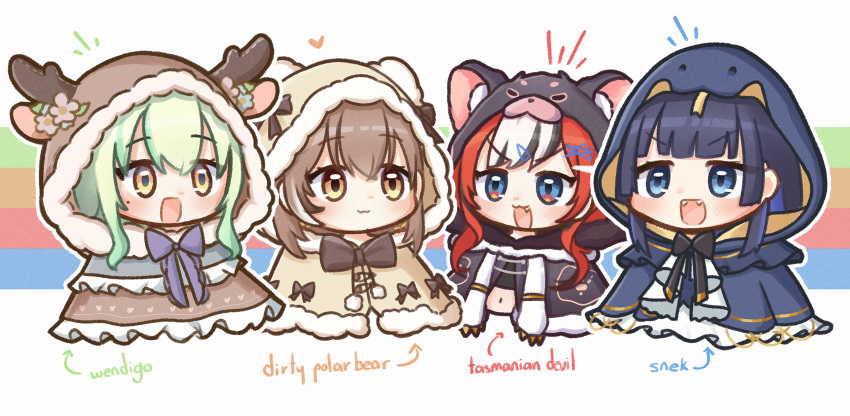 4girls, :3, :d, animal_hood, bear_hood, black_hair, blue_eyes, blue_hair